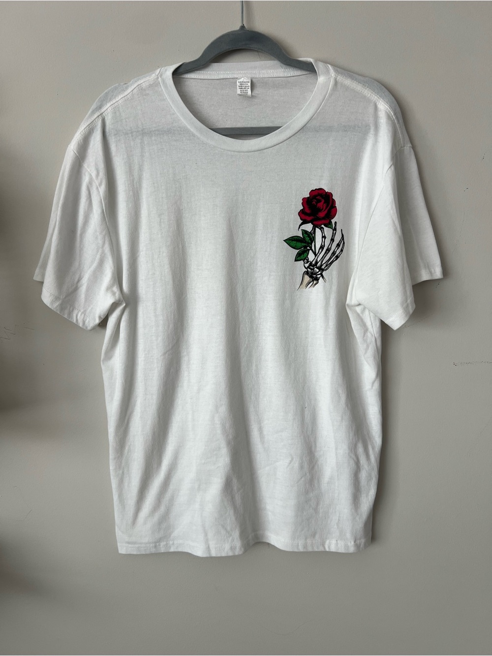 White Men's Graphic Tee with Red Rose and Skeleton Hand